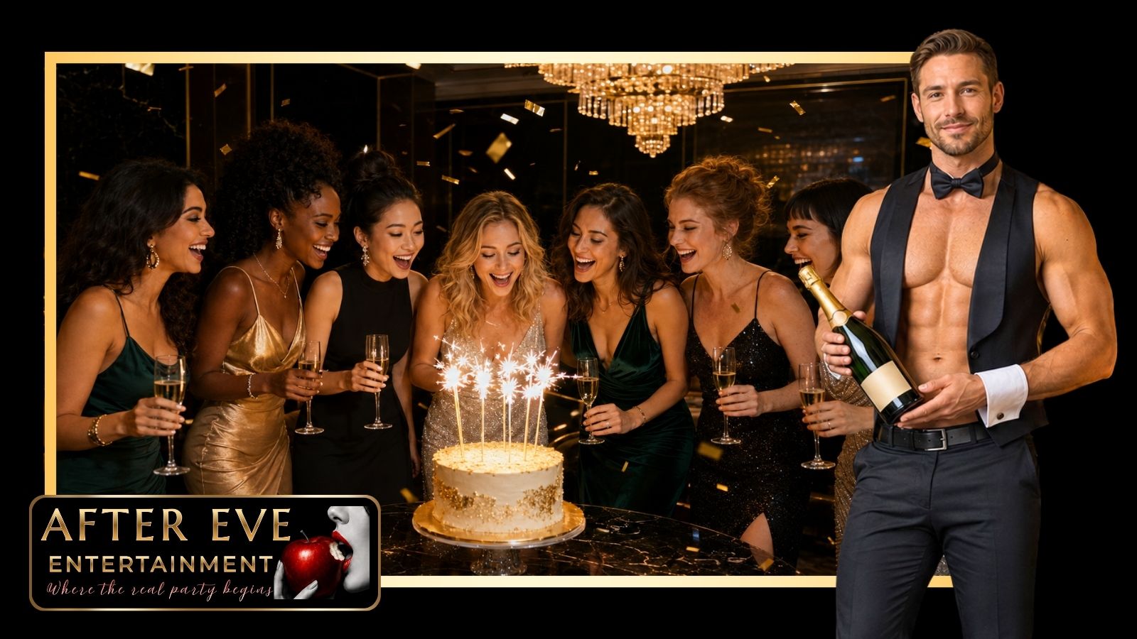 The birthday she'll talk about for a decade — 7 glamorous friends howling with laughter as sparklers light the cake, gold confetti mid-air, dark luxury venue