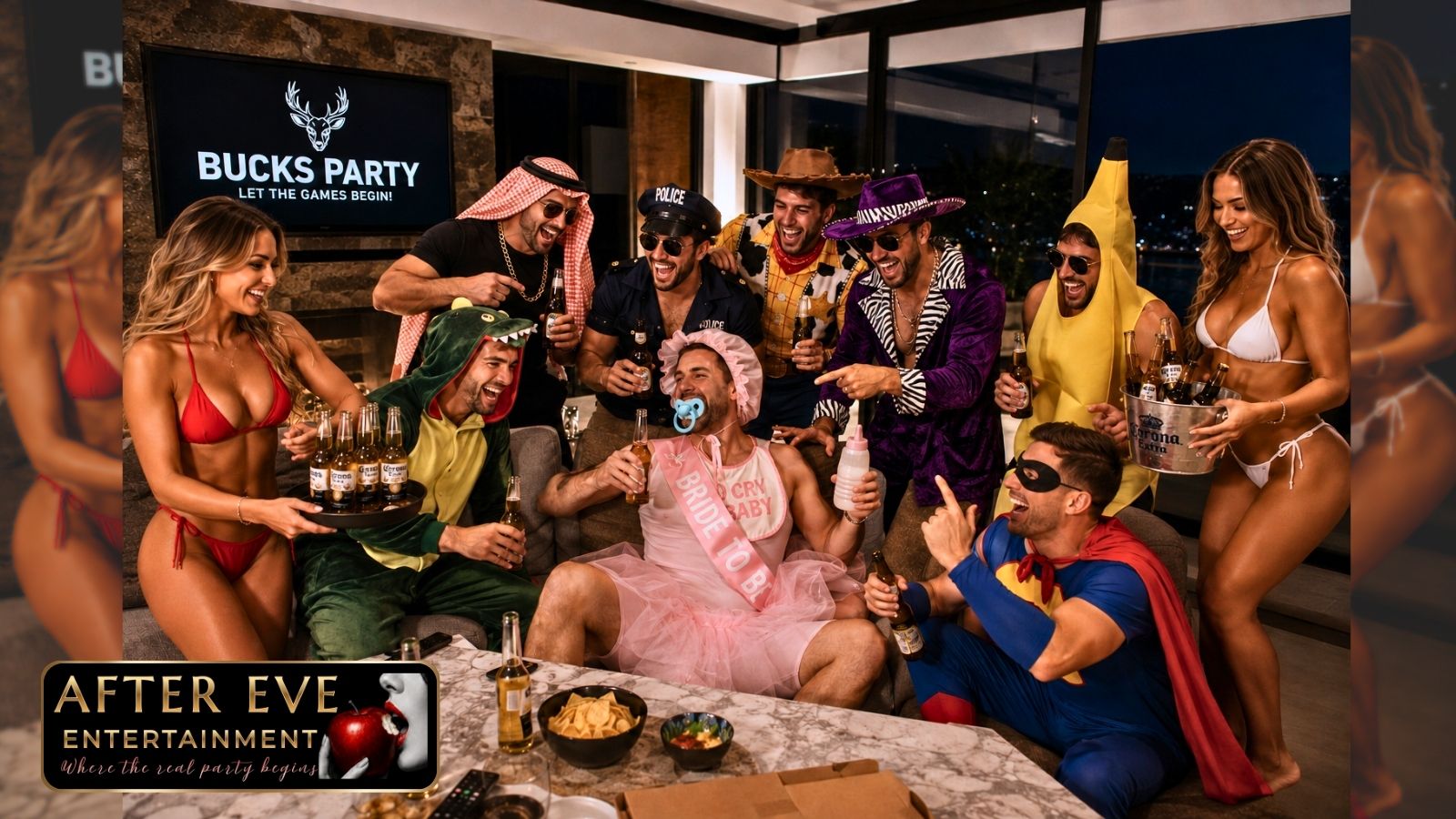 The bucks night the groom never lives down — 8 mates roaring around the poker table, whisky poured, red-gold lighting