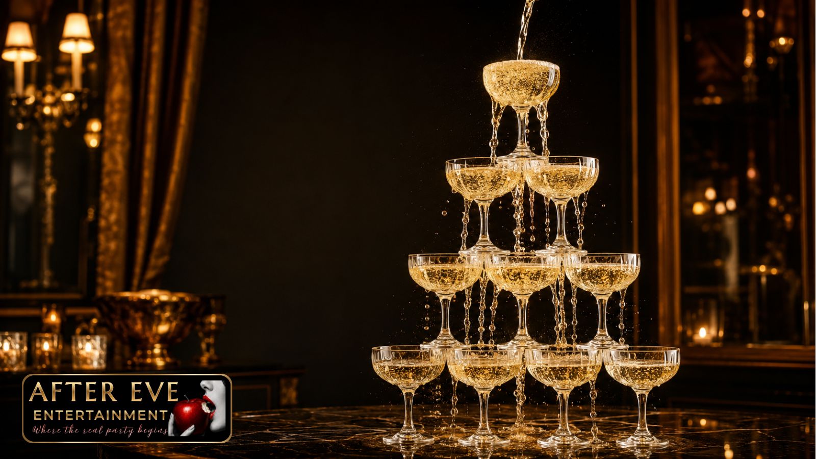 Champagne tower pouring in slow motion, antique gold luxury lighting