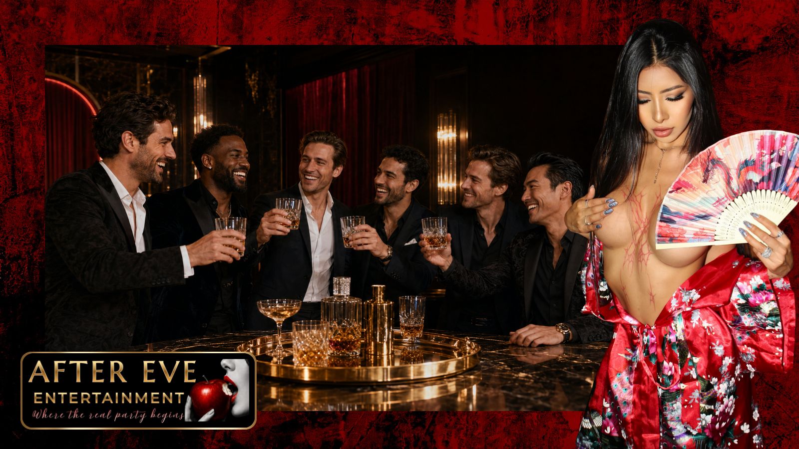 The instant the night turns — mates on their feet cheering toward a velvet-red and gold-lit doorway