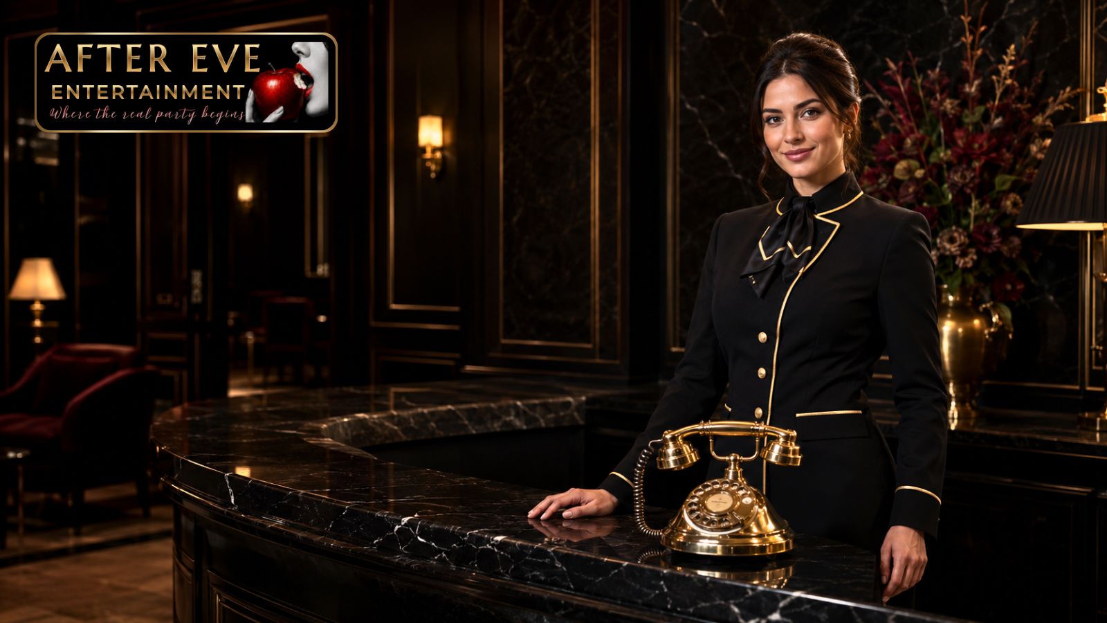 Elegant concierge desk with gold telephone, dark moody lighting