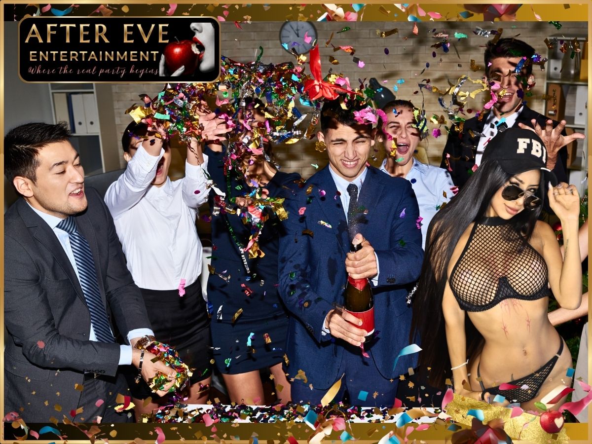 Premium corporate function — black-tie guests mingling with champagne, city lights beyond — After Eve Entertainment Perth