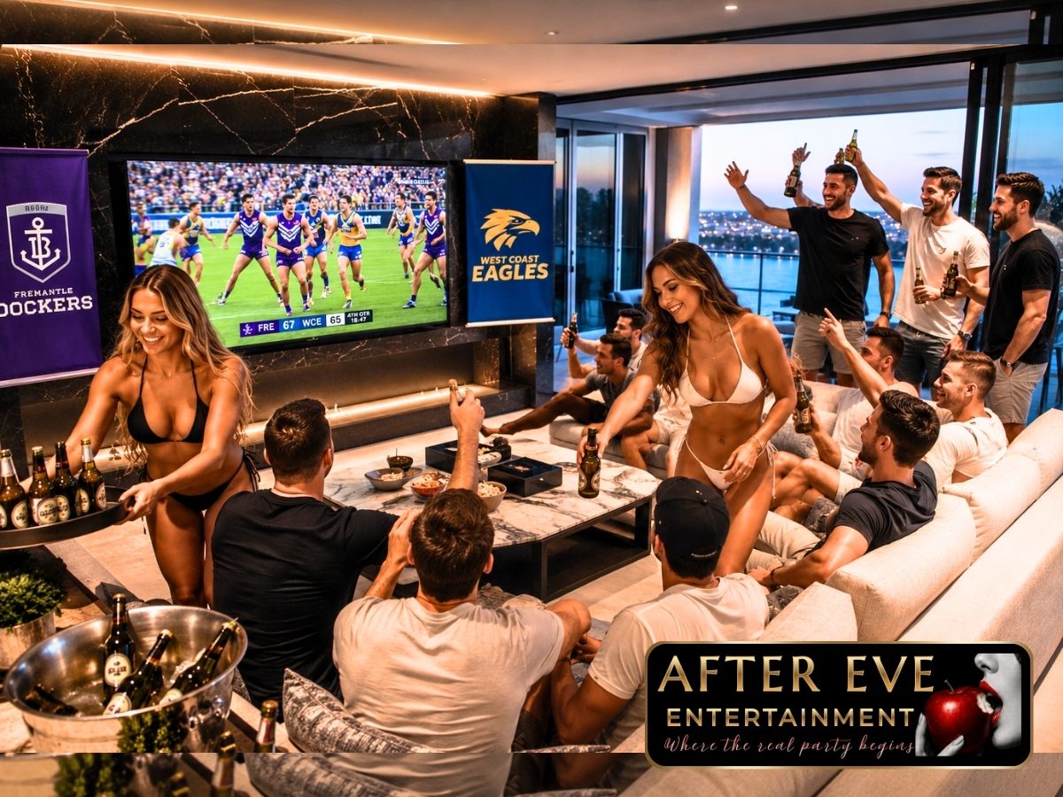 Grand final lounge — mates mid-goal-celebration, beers raised, big screen glow — After Eve Entertainment Perth