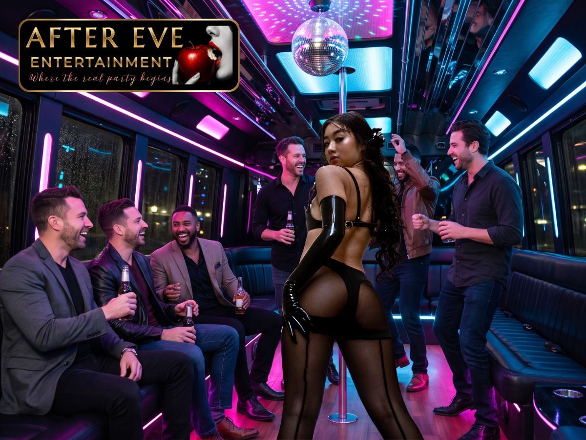 Party bus rolling through Perth city at night, neon glow streaking the windows — After Eve Entertainment Perth